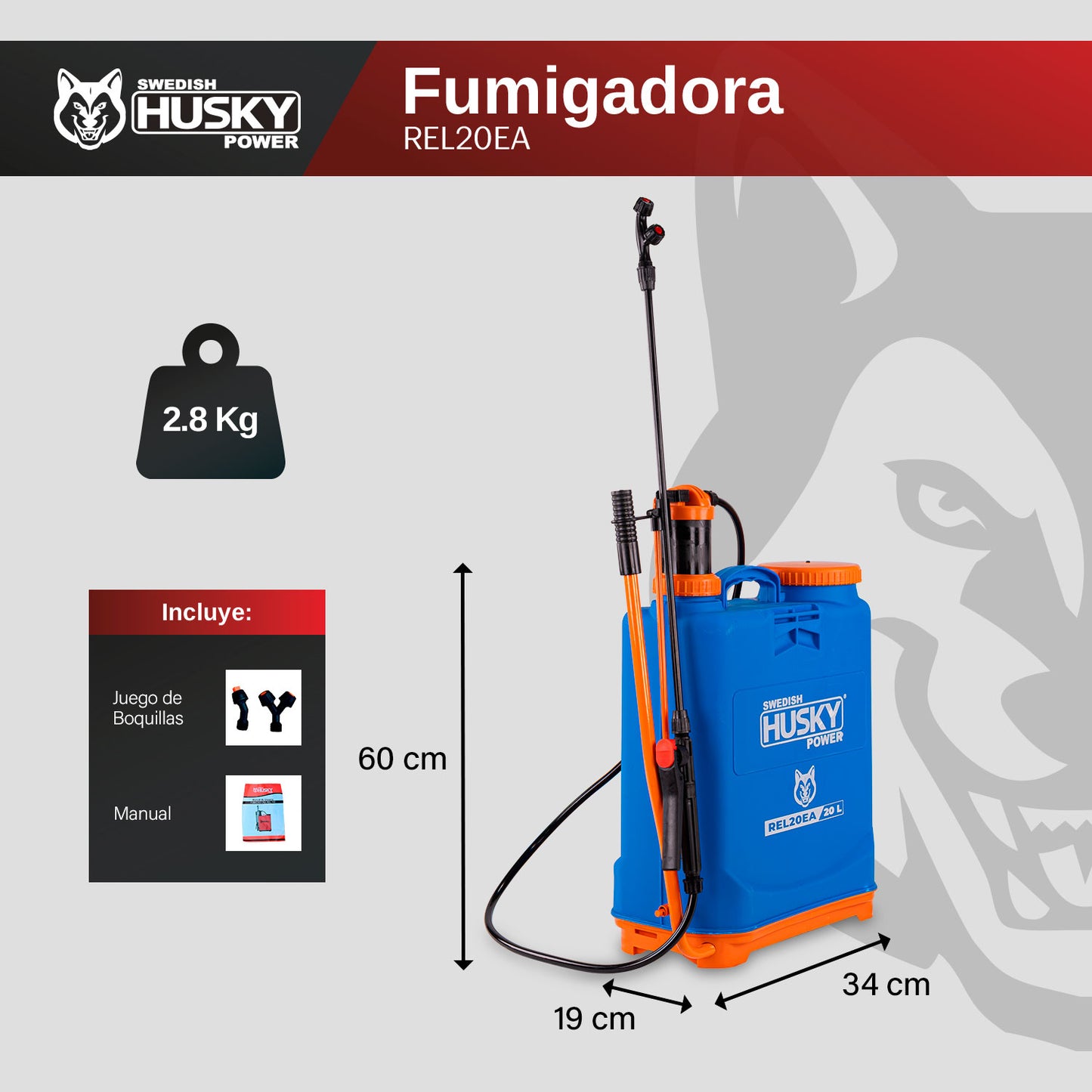 Fumigadora Aspersora Manual De Mochila 20 Litros Pistón De Polietileno Husky REL20EA