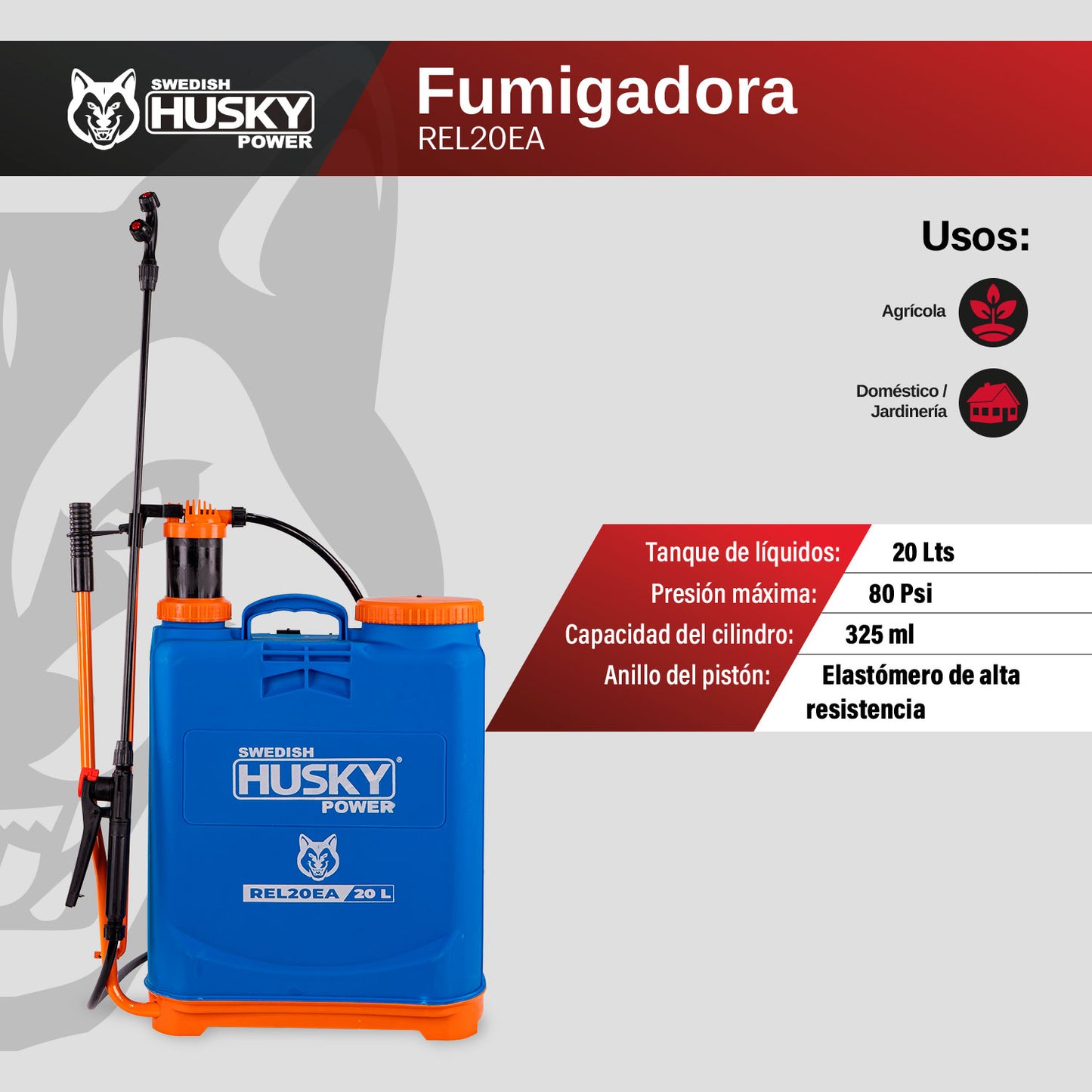 Fumigadora Aspersora Manual De Mochila 20 Litros Pistón De Polietileno Husky REL20EA