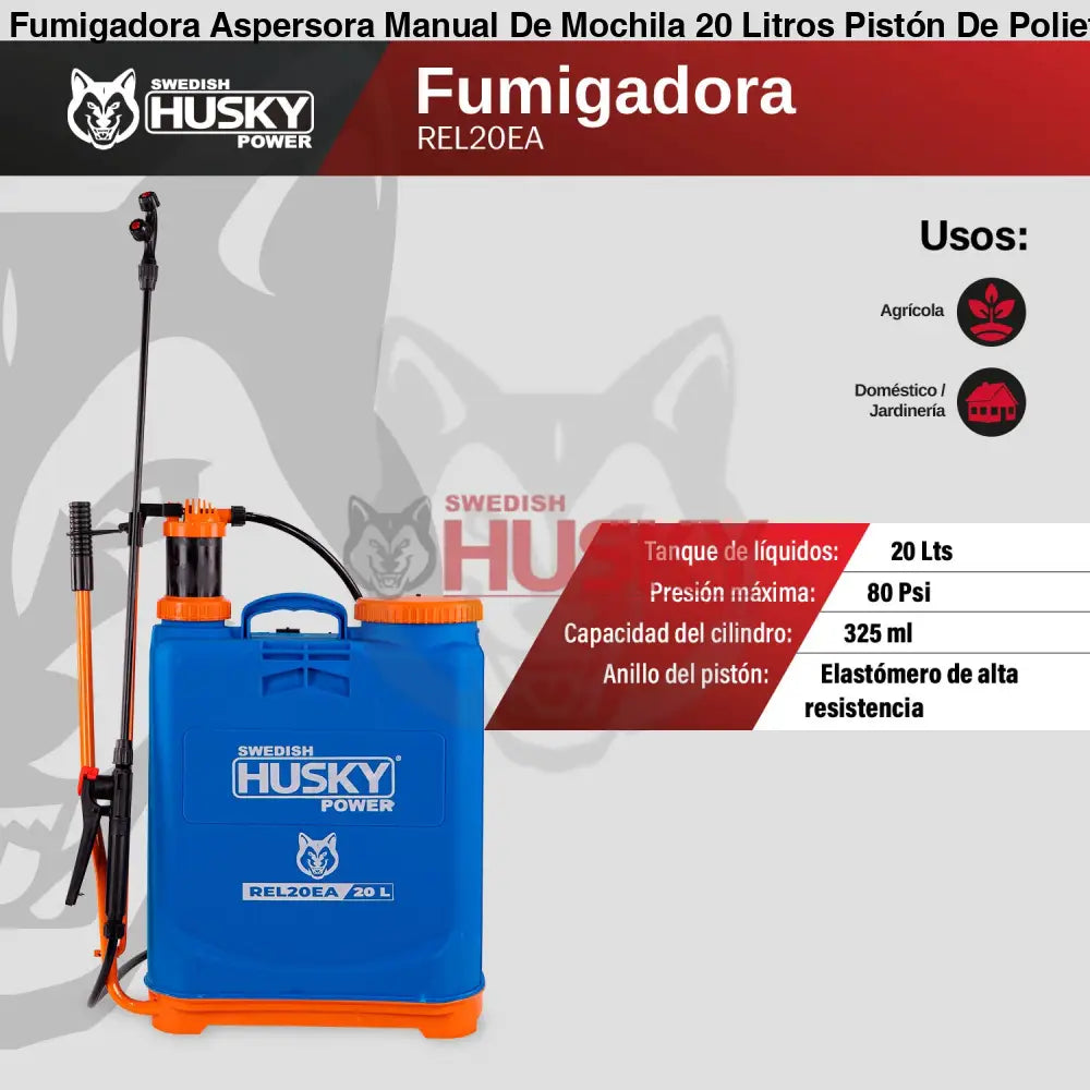 Fumigadora Aspersora Manual De Mochila 20 Litros Pistón De Polietileno Husky REL20EA