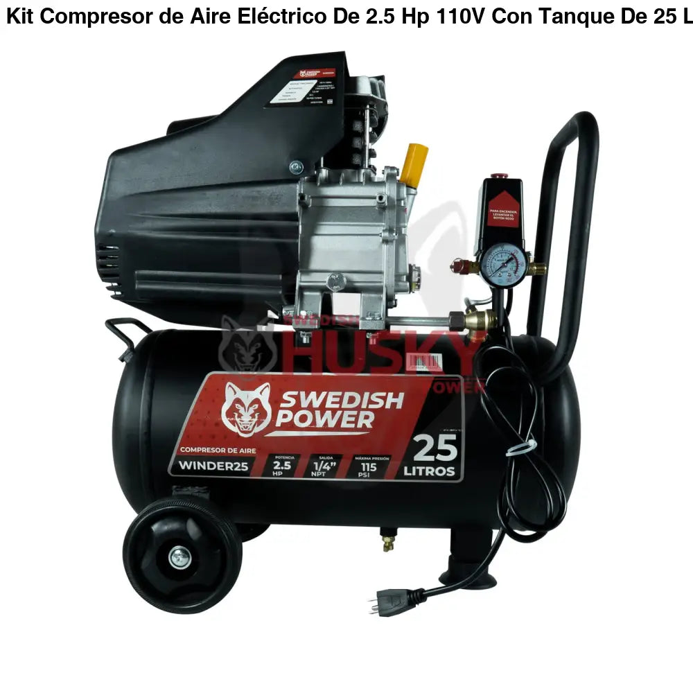 Kit Compresor de Aire Eléctrico De 2.5 Hp 110V Con Tanque De 25 Litros Y 115 Psi Con Pistola de Baja Presión y Manguera