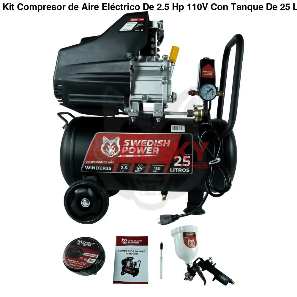 Kit Compresor de Aire Eléctrico De 2.5 Hp 110V Con Tanque De 25 Litros Y 115 Psi Con Pistola de Baja Presión y Manguera