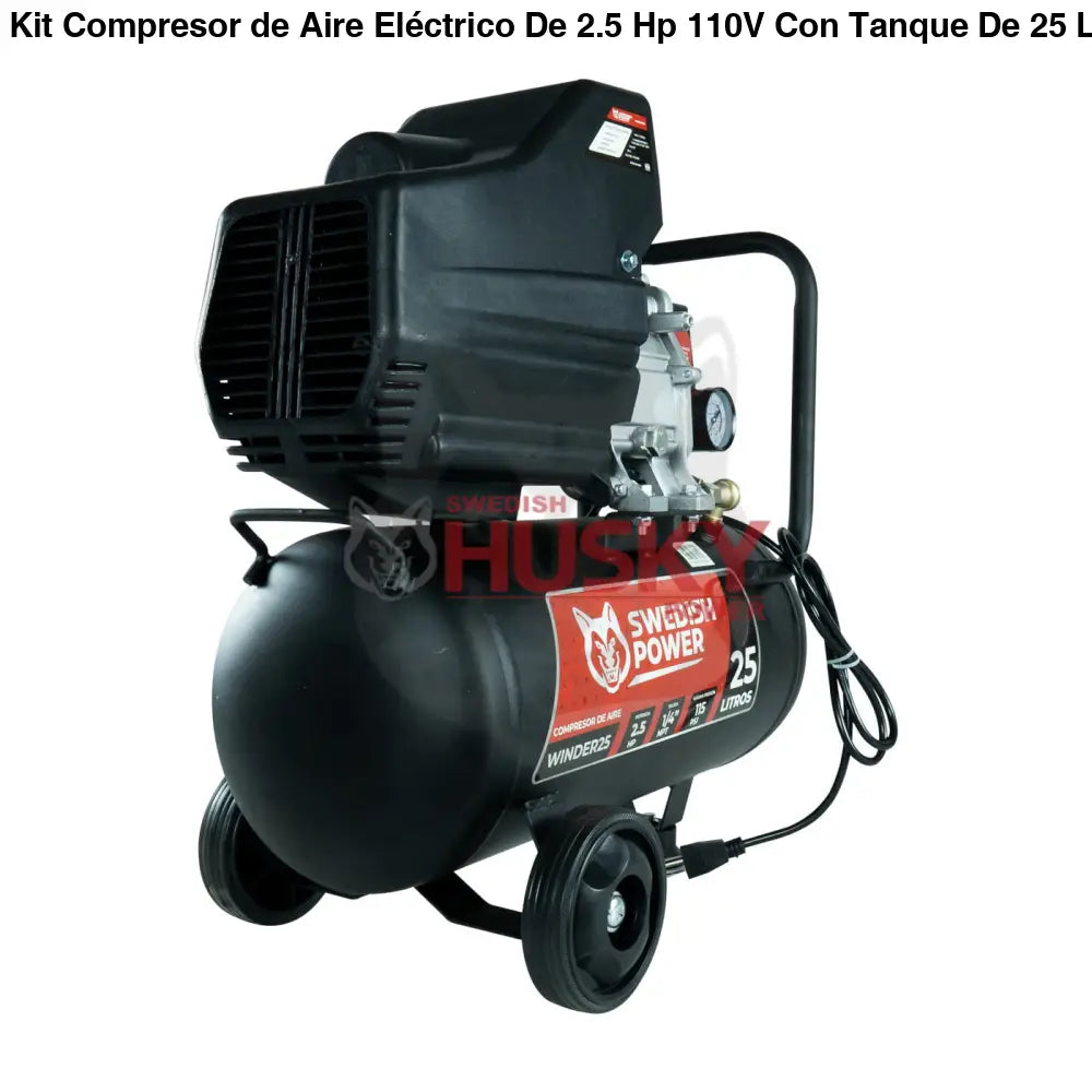 Kit Compresor de Aire Eléctrico De 2.5 Hp 110V Con Tanque De 25 Litros Y 115 Psi Con Pistola de Baja Presión y Manguera