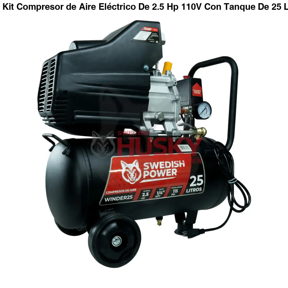 Kit Compresor de Aire Eléctrico De 2.5 Hp 110V Con Tanque De 25 Litros Y 115 Psi Con Pistola de Baja Presión y Manguera