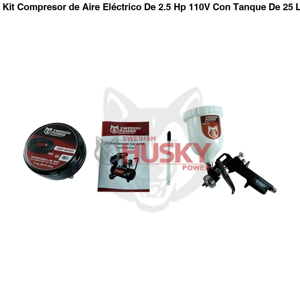 Kit Compresor de Aire Eléctrico De 2.5 Hp 110V Con Tanque De 25 Litros Y 115 Psi Con Pistola de Baja Presión y Manguera