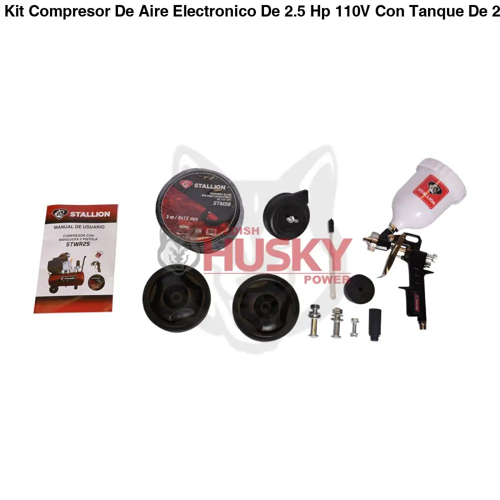Kit Compresor De Aire Electronico De 2.5 Hp 110V Con Tanque De 25 Litros Y 115 Psi Con Pistola De Gravedad Y Manguera STALLION STWR25