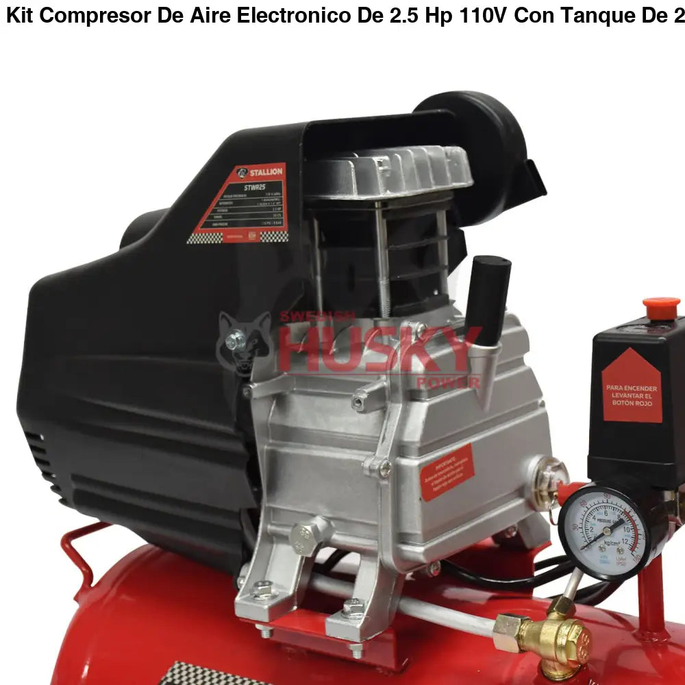 Kit Compresor De Aire Electronico De 2.5 Hp 110V Con Tanque De 25 Litros Y 115 Psi Con Pistola De Gravedad Y Manguera STALLION STWR25