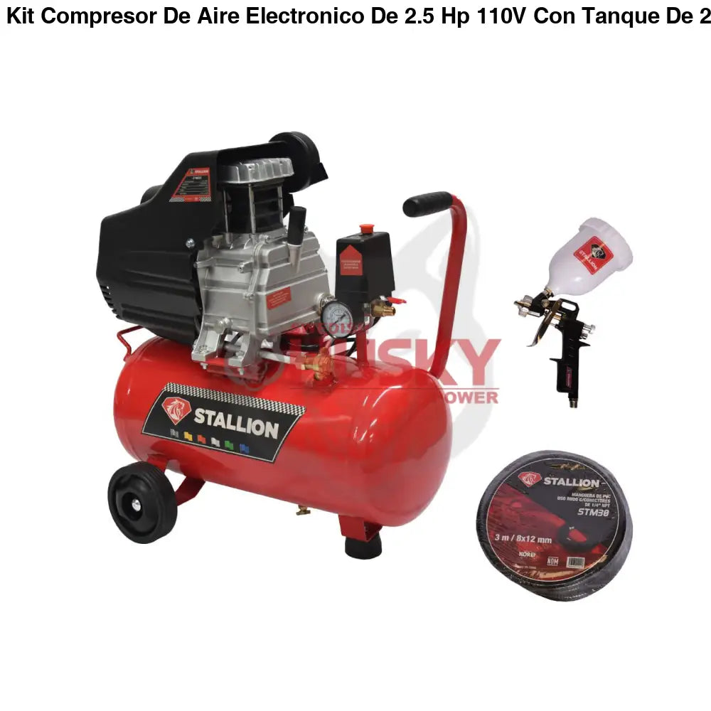 Kit Compresor De Aire Electronico De 2.5 Hp 110V Con Tanque De 25 Litros Y 115 Psi Con Pistola De Gravedad Y Manguera STALLION STWR25