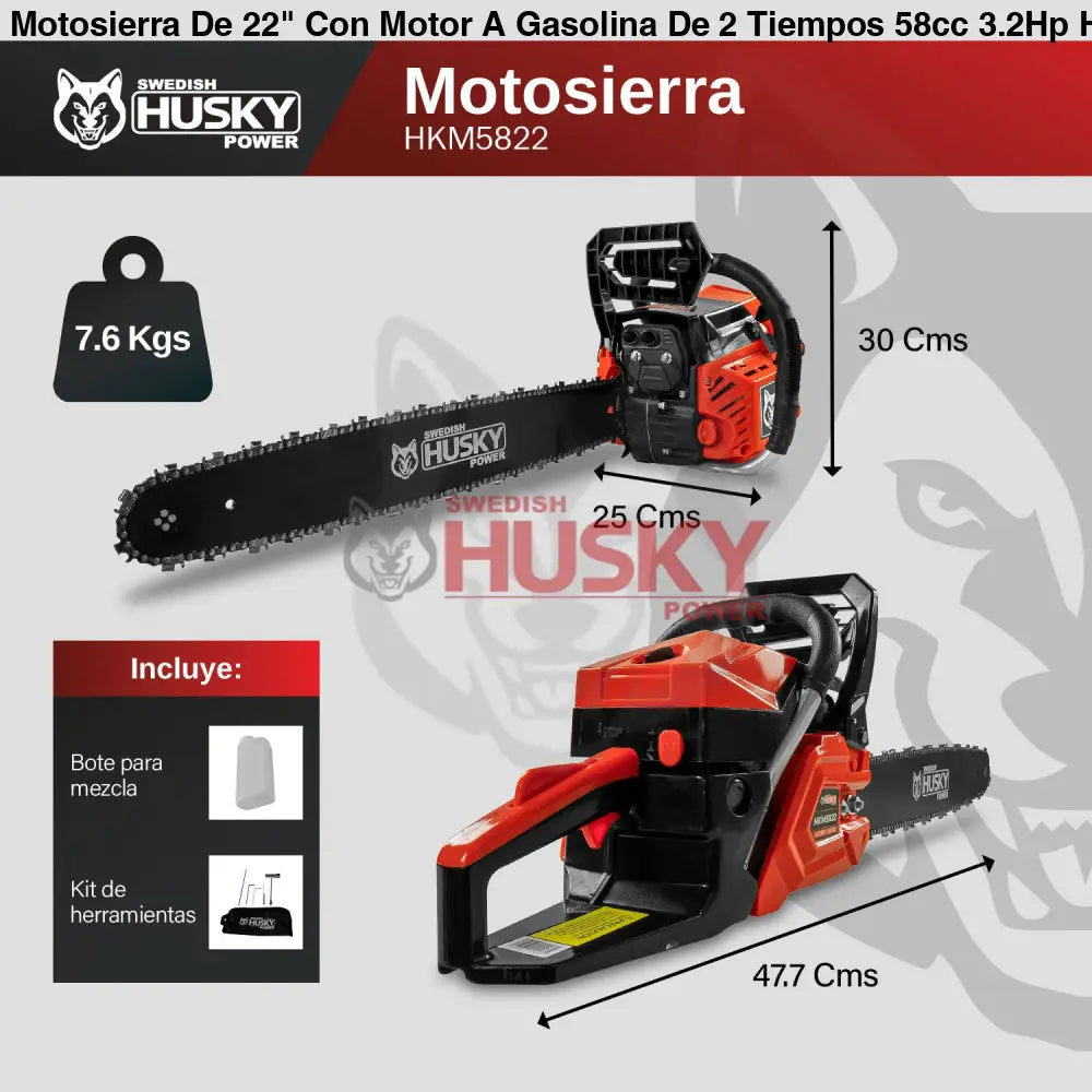 Motosierra De 22" Con Motor A Gasolina De 2 Tiempos 58cc 3.2Hp Husky HKM5822