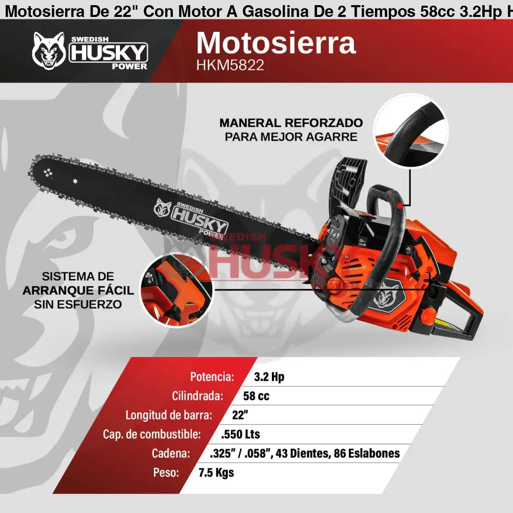 Motosierra De 22" Con Motor A Gasolina De 2 Tiempos 58cc 3.2Hp Husky HKM5822