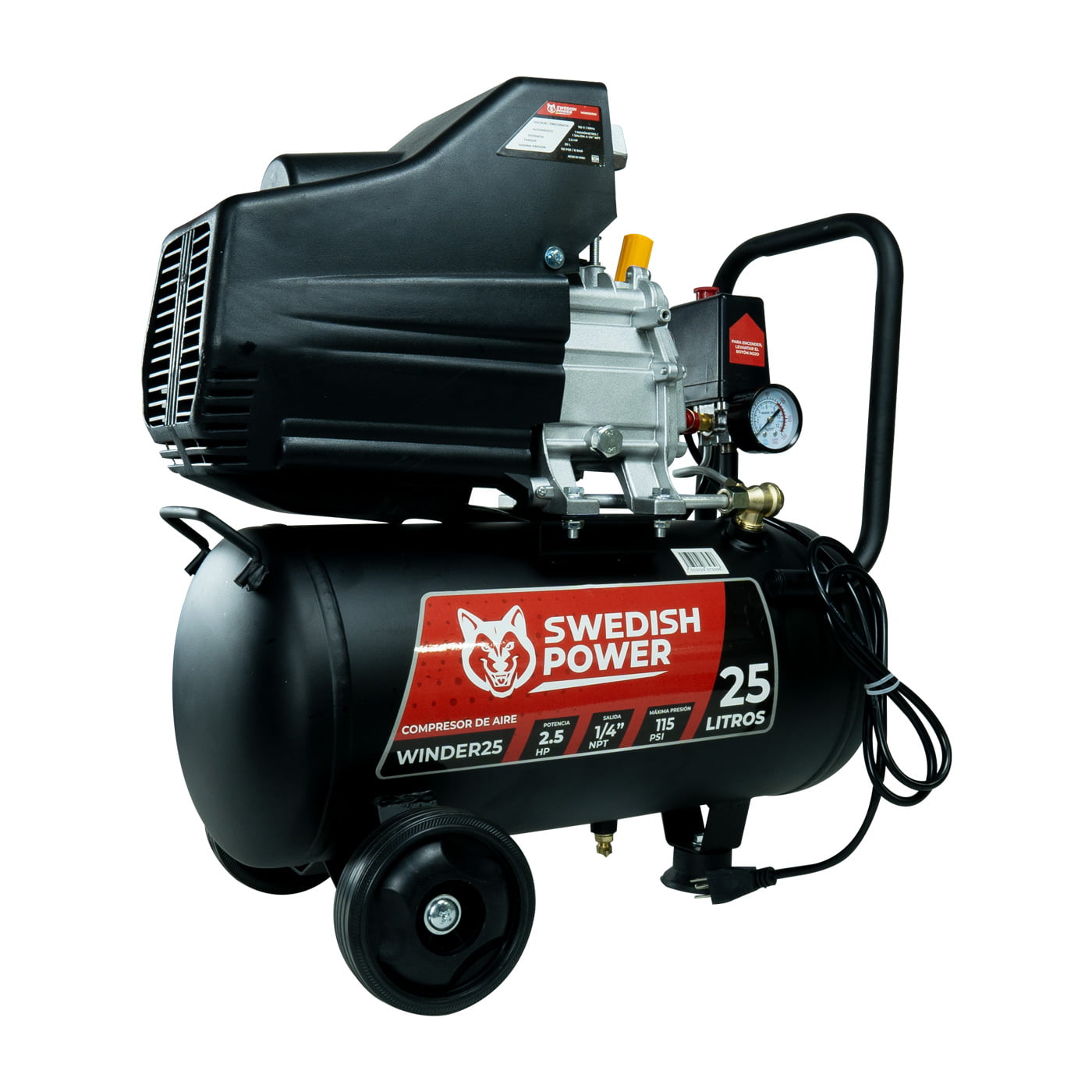 Kit Compresor de Aire Eléctrico De 2.5 Hp 110V Con Tanque De 25 Litros Y 115 Psi Con Pistola de Baja Presión y Manguera De 3 Metros Husky WINDER25
