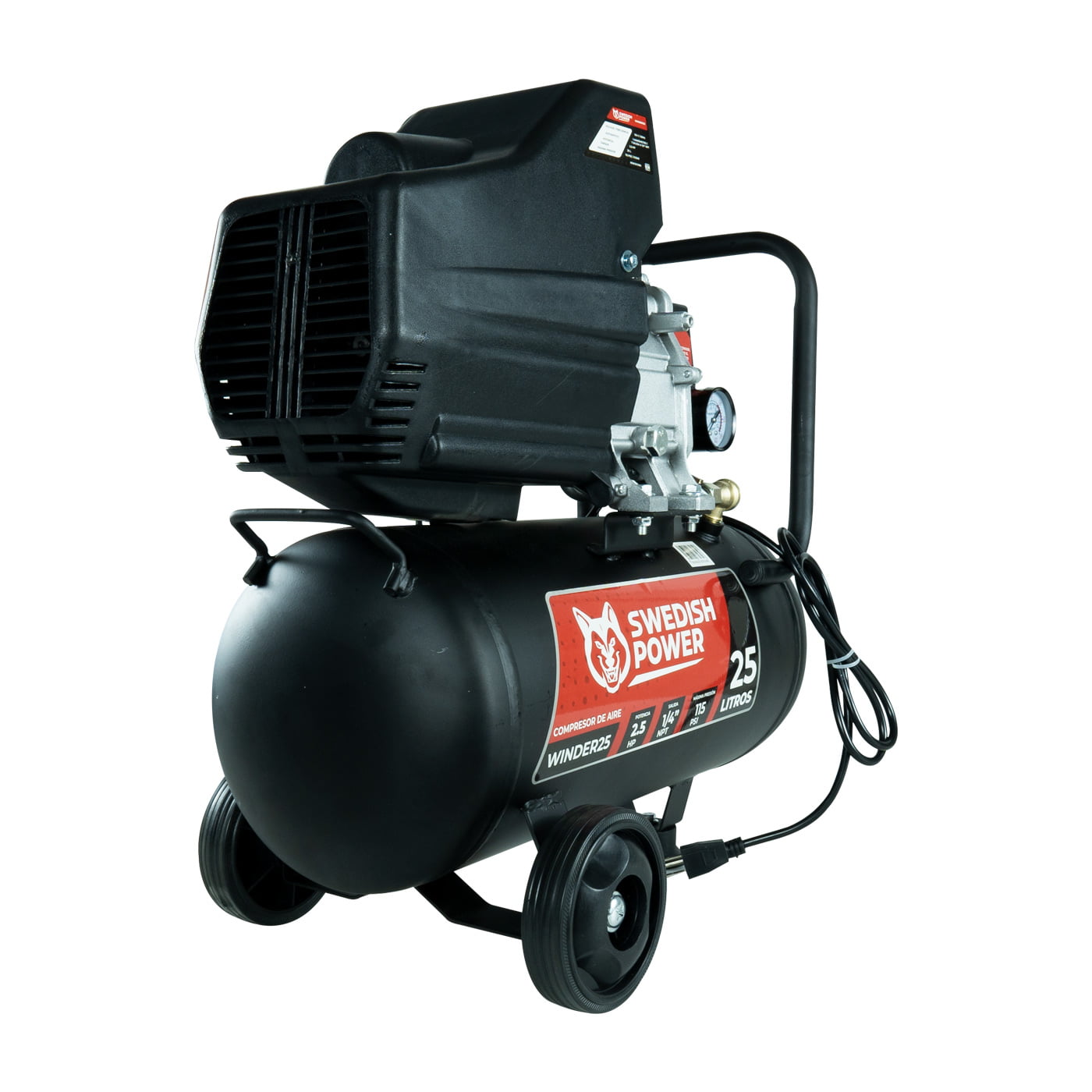 Kit Compresor de Aire Eléctrico De 2.5 Hp 110V Con Tanque De 25 Litros Y 115 Psi Con Pistola de Baja Presión y Manguera De 3 Metros Husky WINDER25