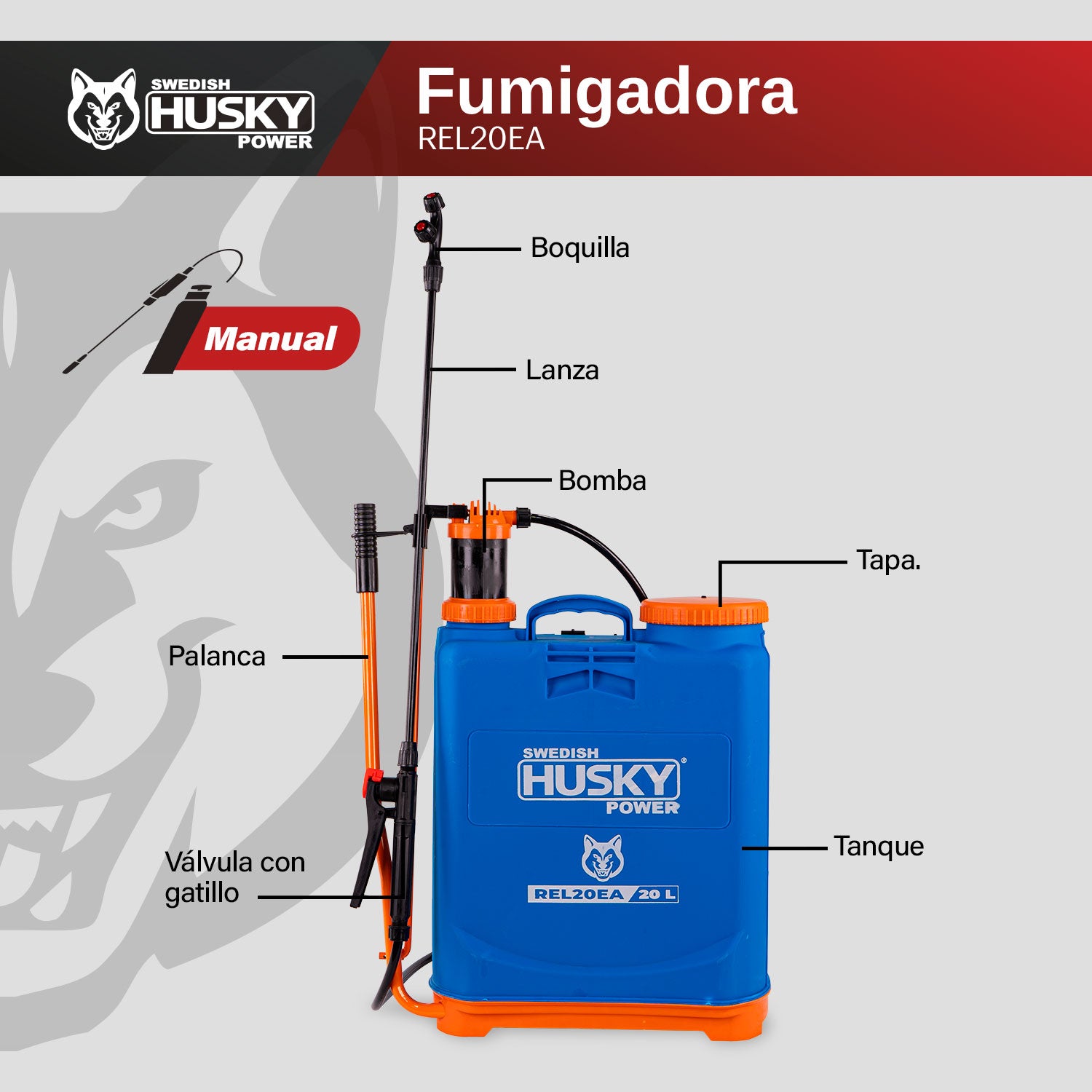 Fumigadora Aspersora Manual De Mochila 20 Litros Pistón De Polietileno Husky REL20EA