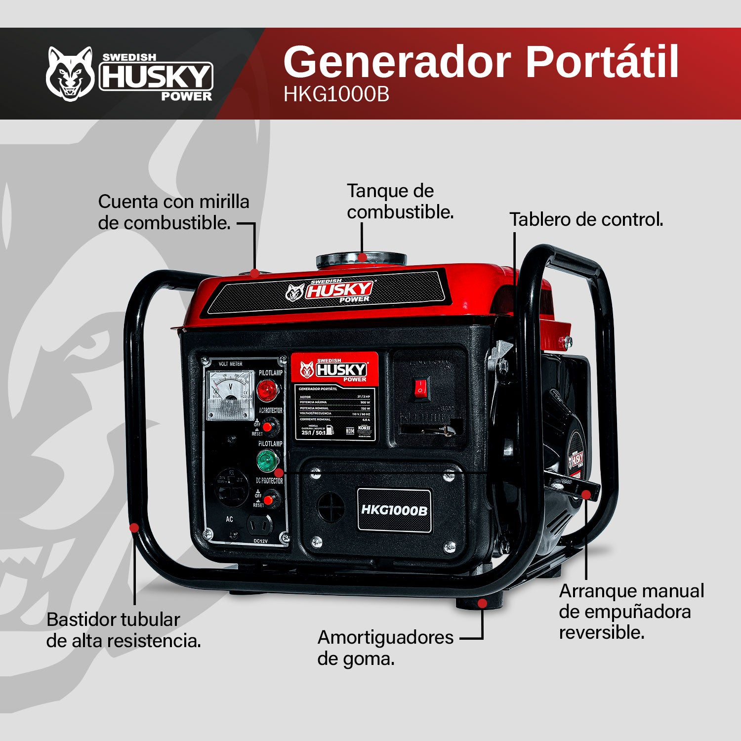 Generador A Gasolina Portátil 750W-900W Motor 60cc 2 Hp 2 Tiempos Husky HKG1000B