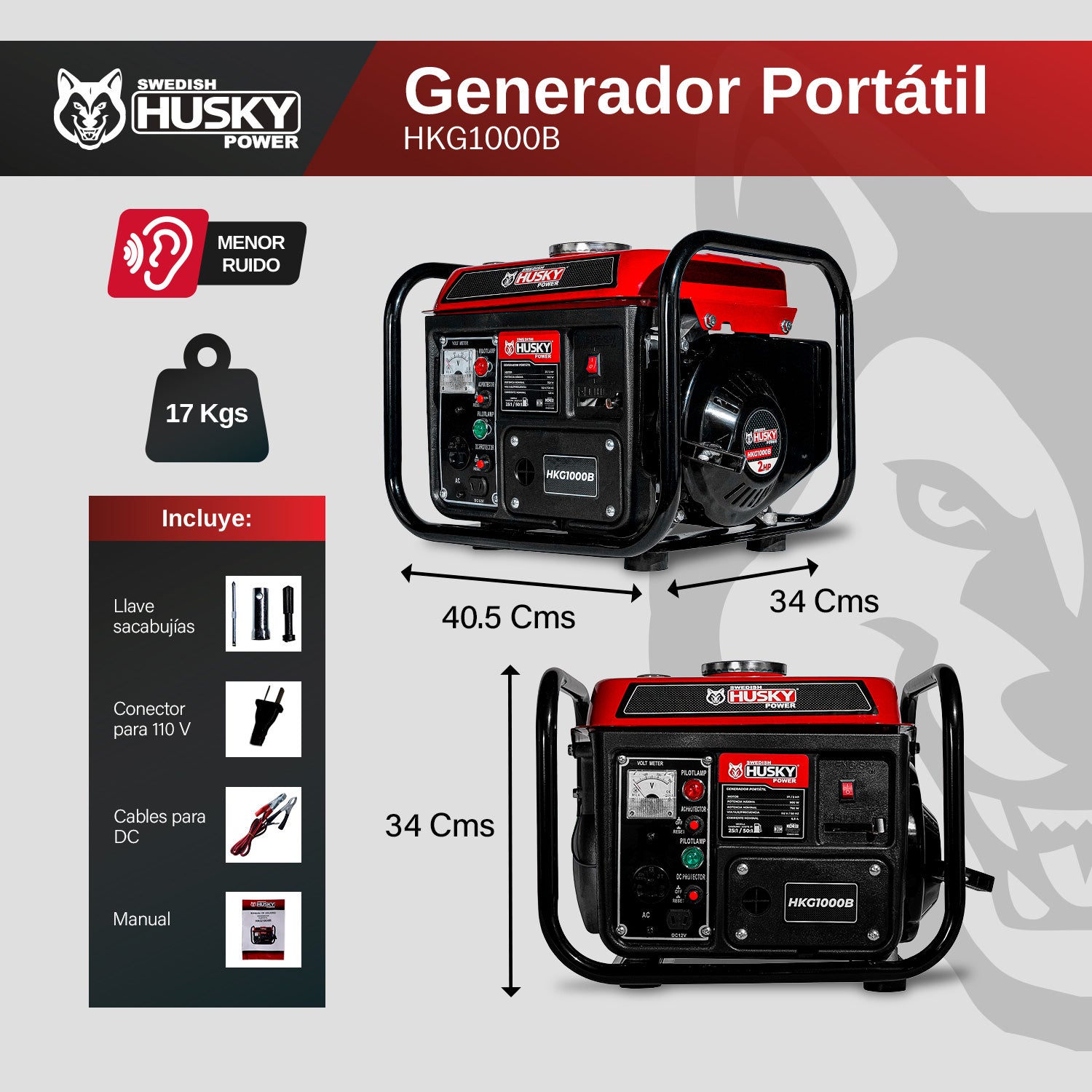 Generador A Gasolina Portátil 750W-900W Motor 60cc 2 Hp 2 Tiempos Husky HKG1000B