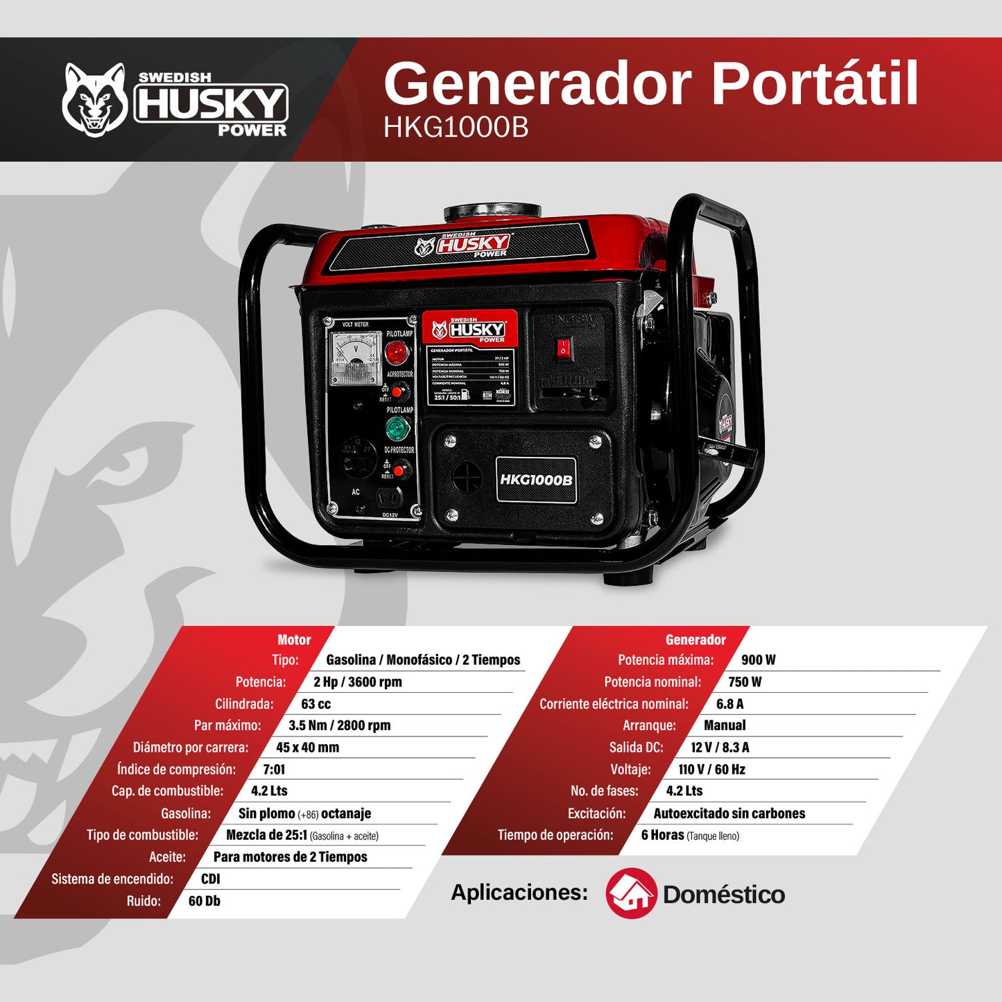 Generador A Gasolina Portátil 750W-900W Motor 60cc 2 Hp 2 Tiempos Husky HKG1000B