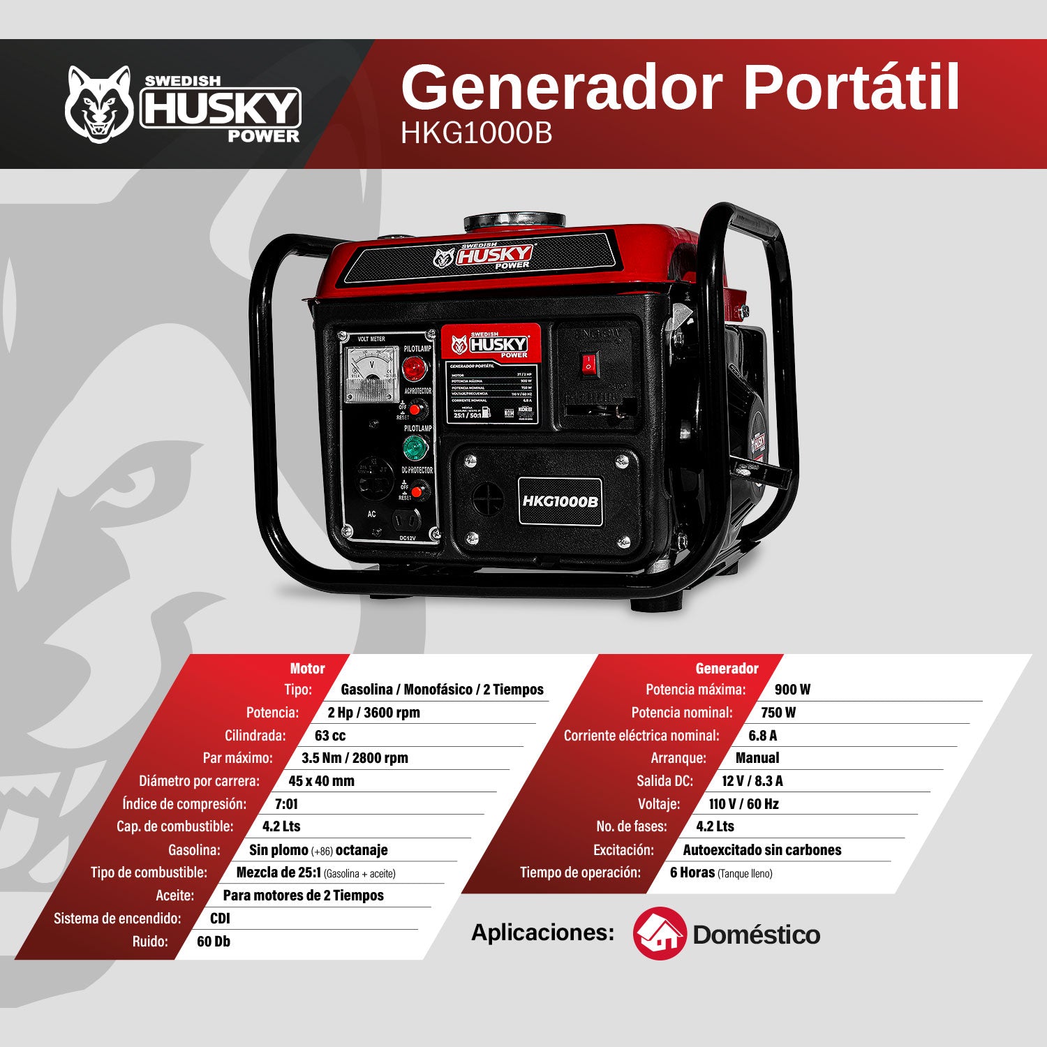 Generador A Gasolina Portátil 750W-900W Motor 60cc 2 Hp 2 Tiempos Husky HKG1000B