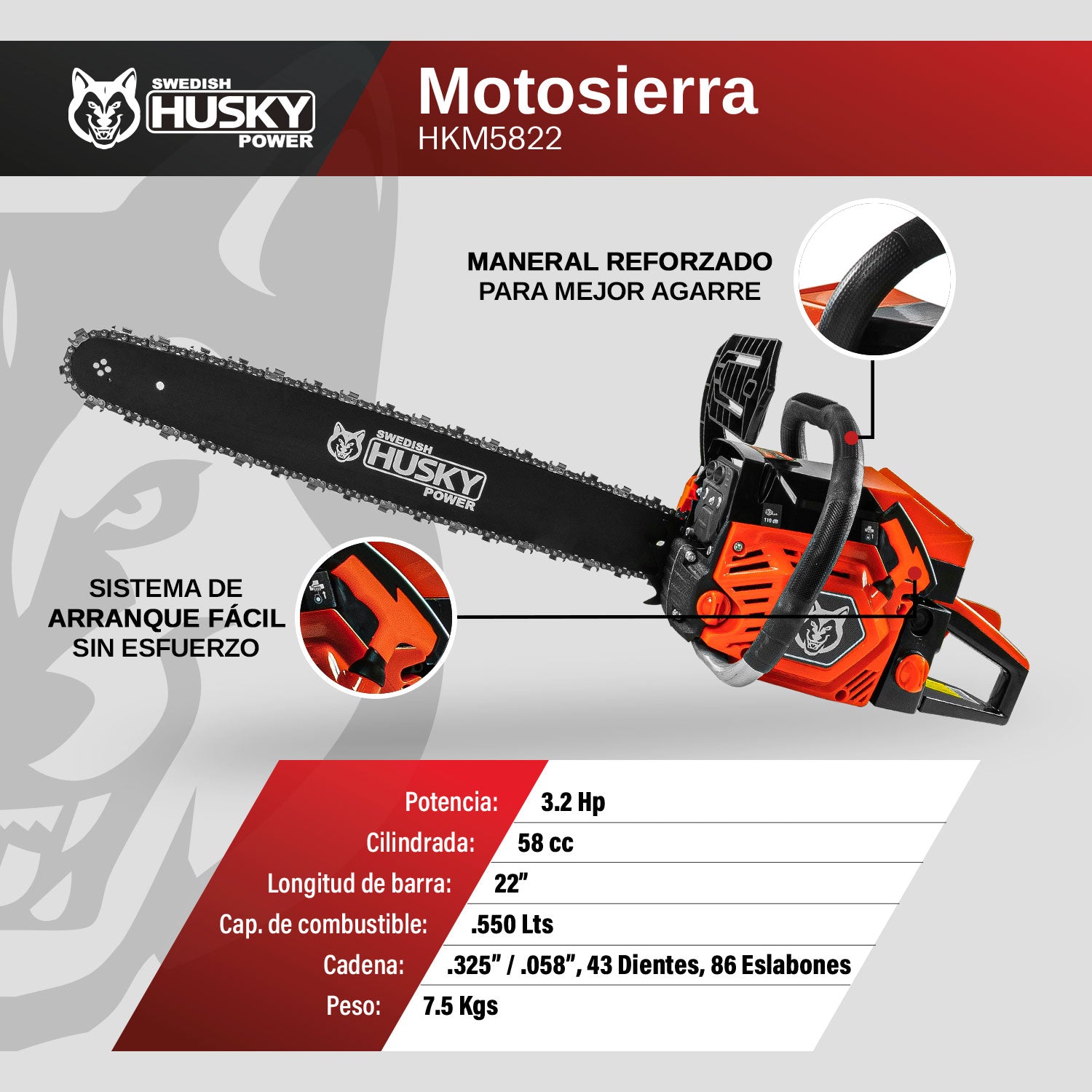 Motosierra De 22" Con Motor A Gasolina De 2 Tiempos 58cc 3.2Hp Husky HKM5822