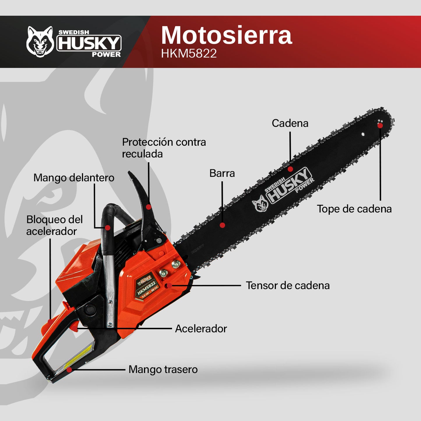 Motosierra De 22" Con Motor A Gasolina De 2 Tiempos 58cc 3.2Hp Husky HKM5822