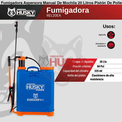 Fumigadora Aspersora Manual De Mochila 20 Litros Pistón De Polietileno Husky REL20EA