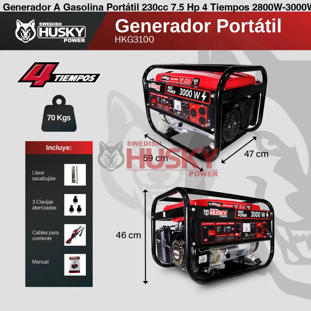 Generador A Gasolina Portátil 230cc 7.5 Hp 4 Tiempos 2800W-3000W Husky HKG3100