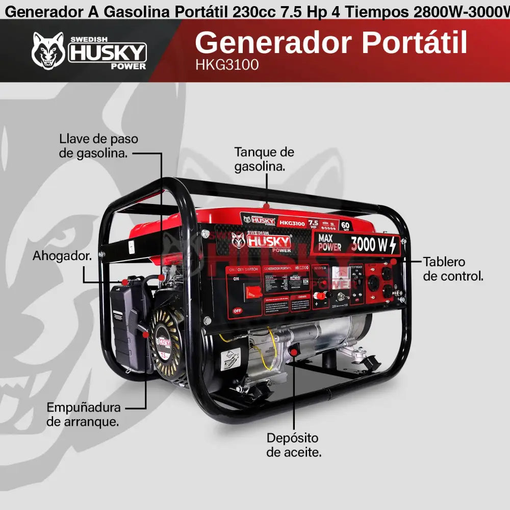 Generador A Gasolina Portátil 230cc 7.5 Hp 4 Tiempos 2800W-3000W Husky HKG3100