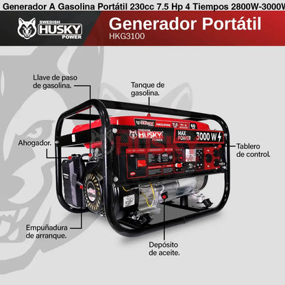 Generador A Gasolina Portátil 230cc 7.5 Hp 4 Tiempos 2800W-3000W Husky HKG3100