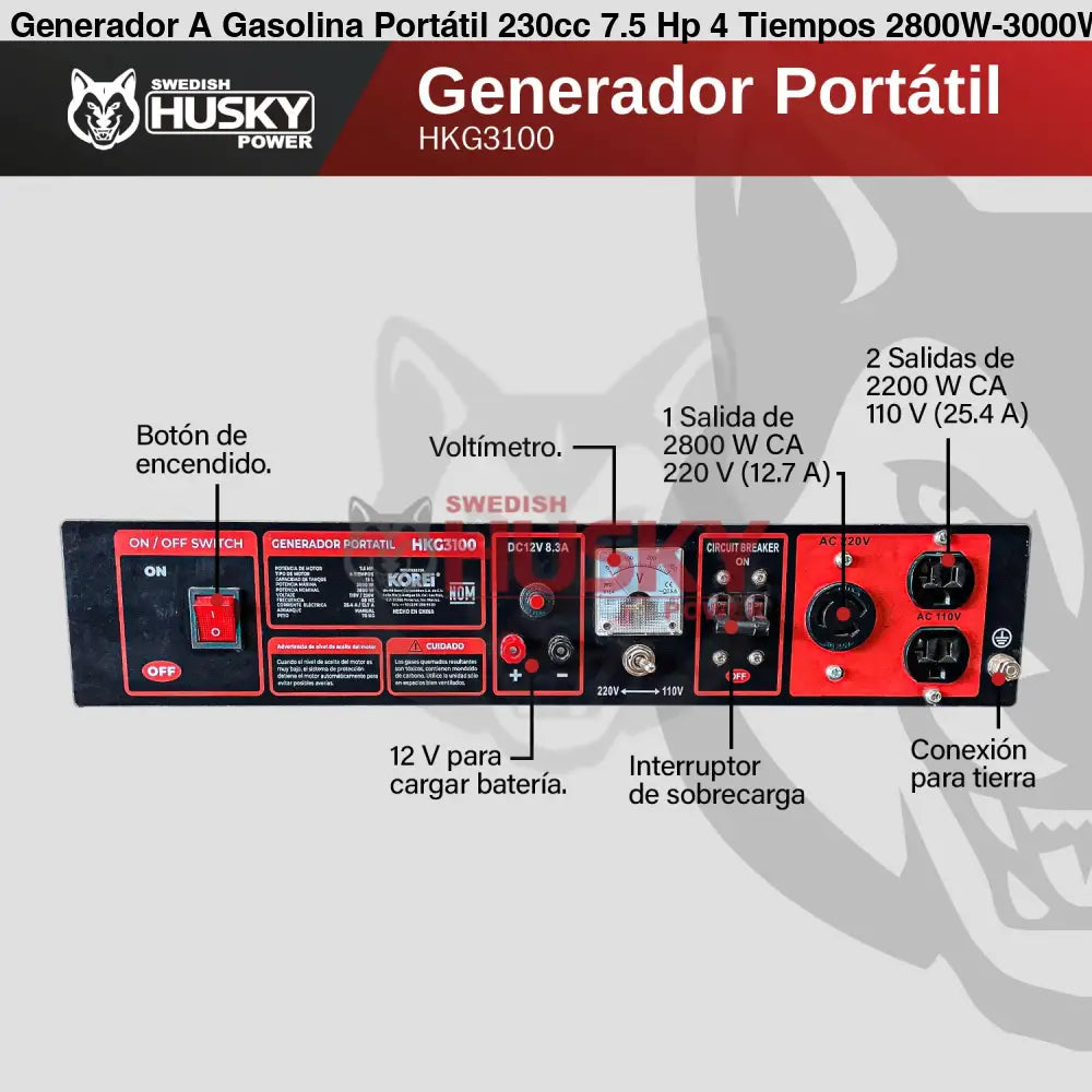 Generador A Gasolina Portátil 230cc 7.5 Hp 4 Tiempos 2800W-3000W Husky HKG3100