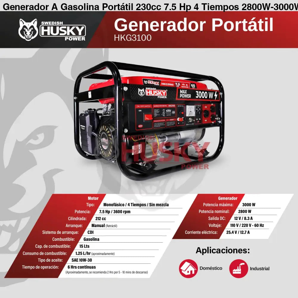 Generador A Gasolina Portátil 230cc 7.5 Hp 4 Tiempos 2800W-3000W Husky HKG3100