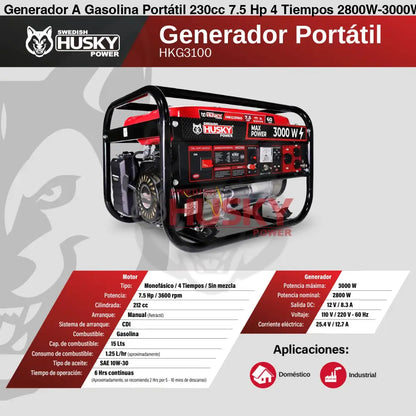 Generador A Gasolina Portátil 230cc 7.5 Hp 4 Tiempos 2800W-3000W Husky HKG3100