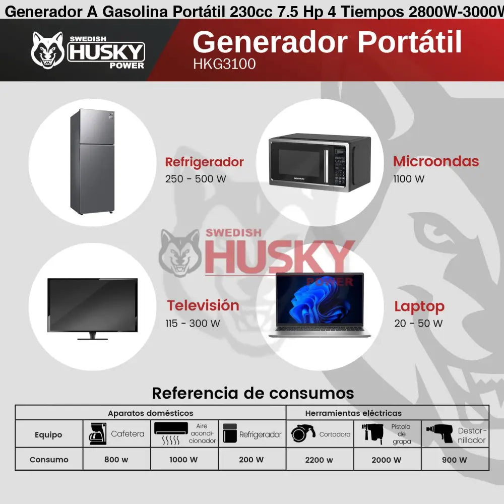 Generador A Gasolina Portátil 230cc 7.5 Hp 4 Tiempos 2800W-3000W Husky HKG3100