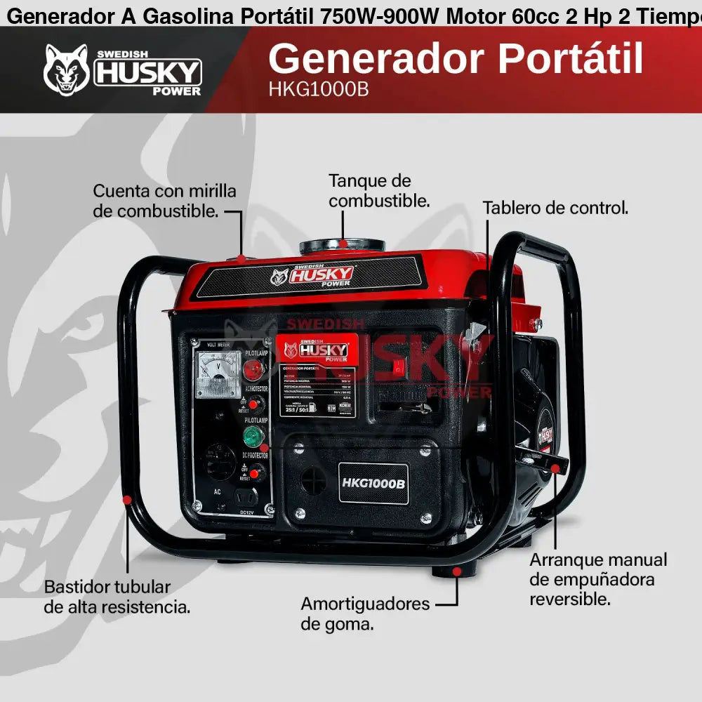 Generador A Gasolina Portátil 750W-900W Motor 60cc 2 Hp 2 Tiempos Husky HKG1000B