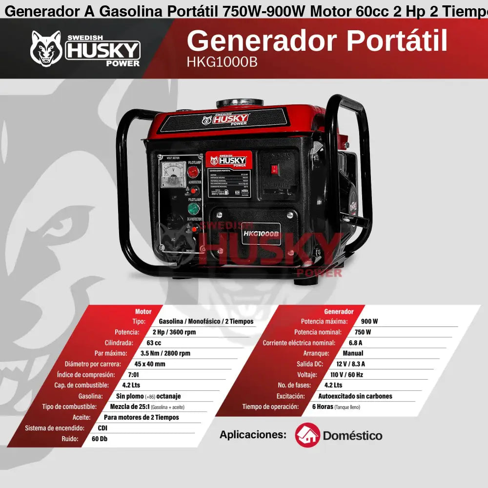 Generador A Gasolina Portátil 750W-900W Motor 60cc 2 Hp 2 Tiempos Husky HKG1000B