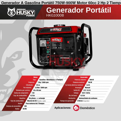 Generador A Gasolina Portátil 750W-900W Motor 60cc 2 Hp 2 Tiempos Husky HKG1000B