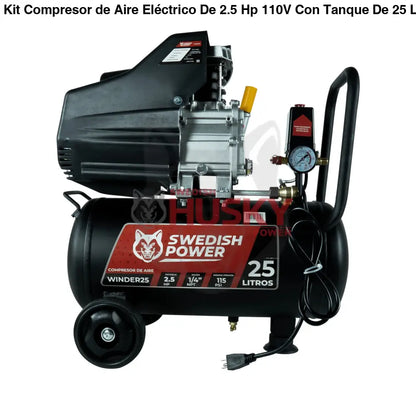 Kit Compresor de Aire Eléctrico De 2.5 Hp 110V Con Tanque De 25 Litros Y 115 Psi Con Pistola de Baja Presión y Manguera