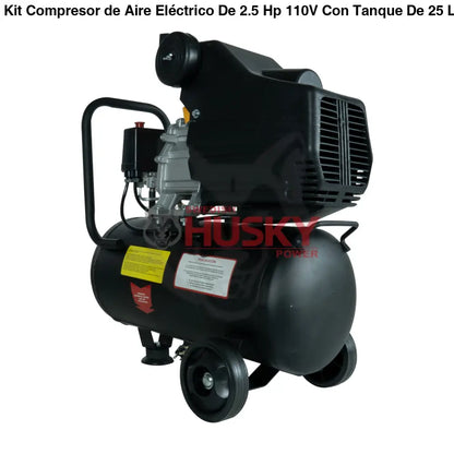 Kit Compresor de Aire Eléctrico De 2.5 Hp 110V Con Tanque De 25 Litros Y 115 Psi Con Pistola de Baja Presión y Manguera