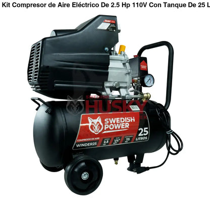 Kit Compresor de Aire Eléctrico De 2.5 Hp 110V Con Tanque De 25 Litros Y 115 Psi Con Pistola de Baja Presión y Manguera