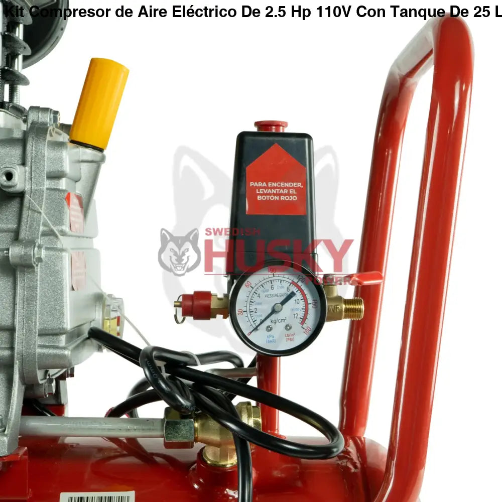Kit Compresor de Aire Eléctrico De 2.5 Hp 110V Con Tanque De 25 Litros Y 115 Psi Con Pistola De Gravedad y Manguera De 3 Metros Husky HKC25MP