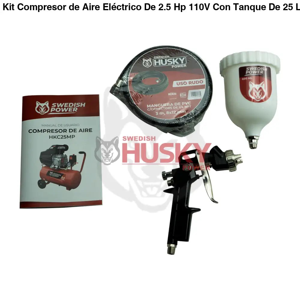 Kit Compresor de Aire Eléctrico De 2.5 Hp 110V Con Tanque De 25 Litros Y 115 Psi Con Pistola De Gravedad y Manguera De 3 Metros Husky HKC25MP