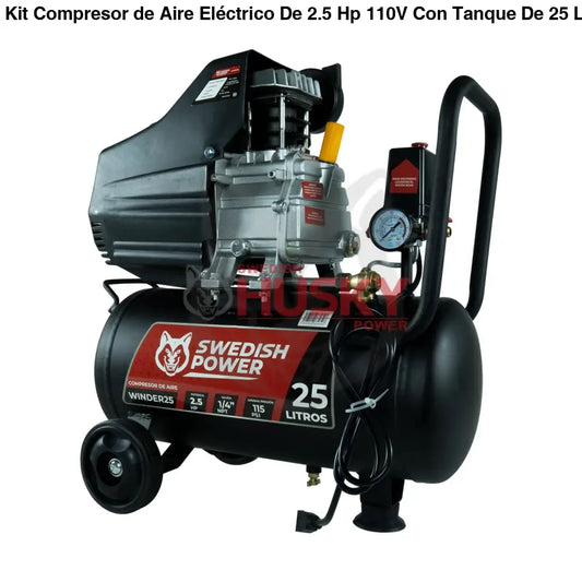 Kit Compresor de Aire Eléctrico De 2.5 Hp 110V Con Tanque De 25 Litros Y 115 Psi Con Pistola de Baja Presión y Manguera