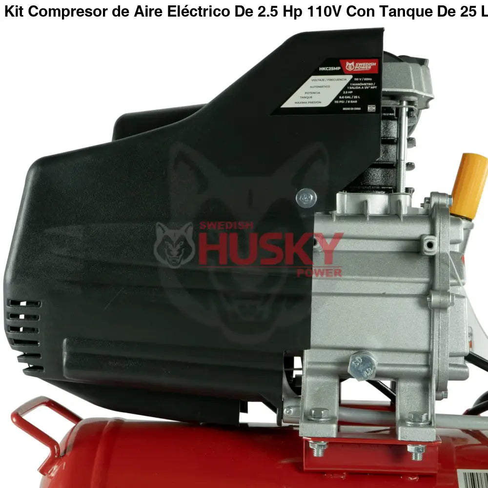Kit Compresor de Aire Eléctrico De 2.5 Hp 110V Con Tanque De 25 Litros Y 115 Psi Con Pistola De Gravedad y Manguera De 3 Metros Husky HKC25MP