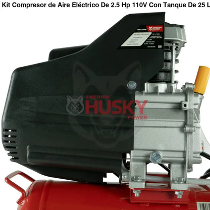 Kit Compresor de Aire Eléctrico De 2.5 Hp 110V Con Tanque De 25 Litros Y 115 Psi Con Pistola De Gravedad y Manguera De 3 Metros Husky HKC25MP