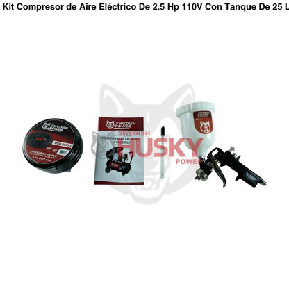 Kit Compresor de Aire Eléctrico De 2.5 Hp 110V Con Tanque De 25 Litros Y 115 Psi Con Pistola de Baja Presión y Manguera
