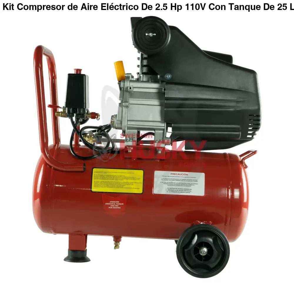 Kit Compresor de Aire Eléctrico De 2.5 Hp 110V Con Tanque De 25 Litros Y 115 Psi Con Pistola De Gravedad y Manguera De 3 Metros Husky HKC25MP