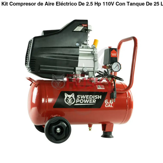 Kit Compresor de Aire Eléctrico De 2.5 Hp 110V Con Tanque De 25 Litros Y 115 Psi Con Pistola De Gravedad y Manguera De 3 Metros Husky HKC25MP