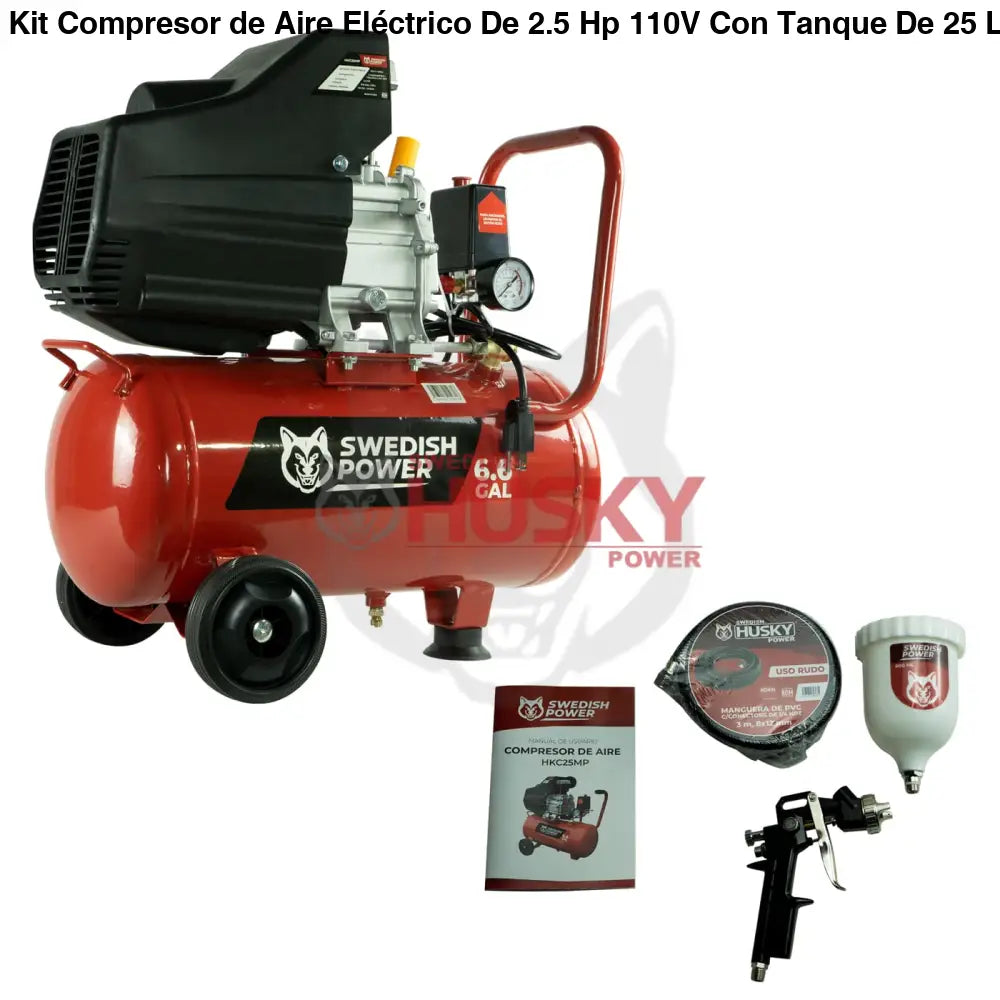 Kit Compresor de Aire Eléctrico De 2.5 Hp 110V Con Tanque De 25 Litros Y 115 Psi Con Pistola De Gravedad y Manguera De 3 Metros Husky HKC25MP