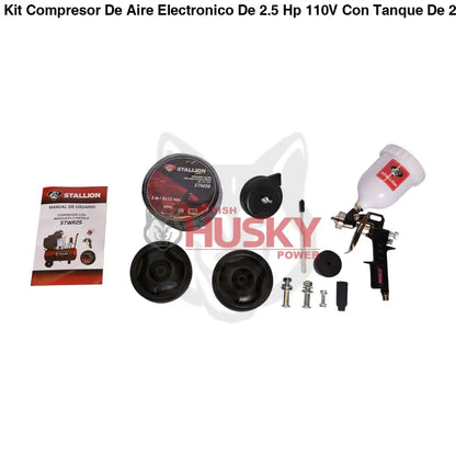 Kit Compresor De Aire Electronico De 2.5 Hp 110V Con Tanque De 25 Litros Y 115 Psi Con Pistola De Gravedad Y Manguera STALLION STWR25