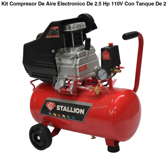 Kit Compresor De Aire Electronico De 2.5 Hp 110V Con Tanque De 25 Litros Y 115 Psi Con Pistola De Gravedad Y Manguera STALLION STWR25