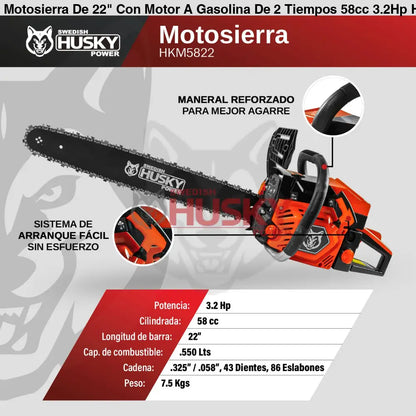 Motosierra De 22" Con Motor A Gasolina De 2 Tiempos 58cc 3.2Hp Husky HKM5822