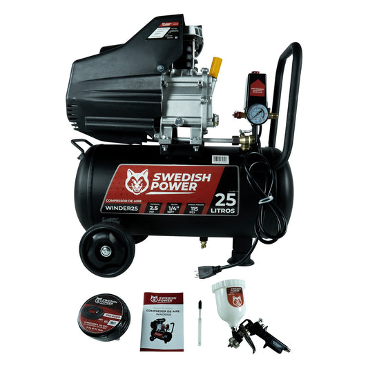 Kit Compresor de Aire Eléctrico De 2.5 Hp 110V Con Tanque De 25 Litros Y 115 Psi Con Pistola de Baja Presión y Manguera De 3 Metros Husky WINDER25